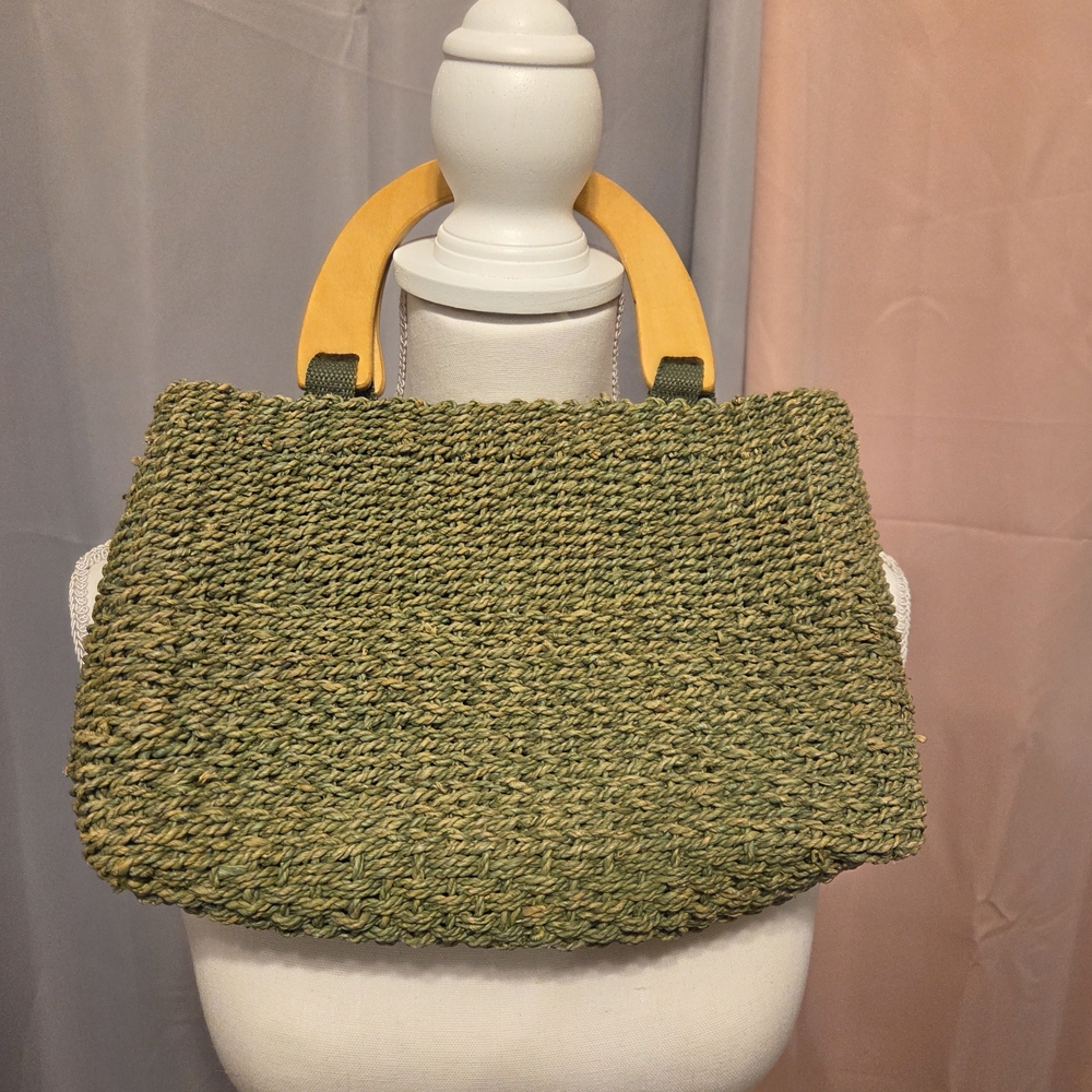 Green Woven Handbag with Yellow Handles